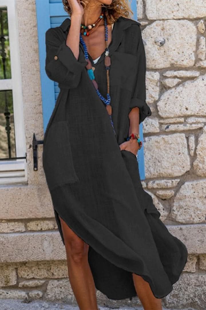 Women's Linen Midi Dress Oversized Shirt Dress Boho Evening Style