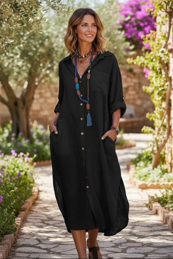 Women's Linen Midi Dress Oversized Shirt Dress Boho Evening Style