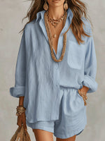 Load image into Gallery viewer, Women's Linen Short Set Button Front Long Sleeve Relaxed Two Piece Style
