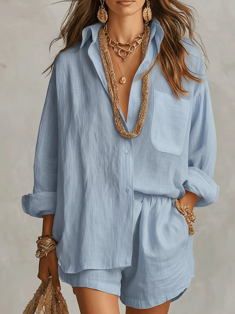 Women's Linen Short Set Button Front Long Sleeve Relaxed Two Piece Style