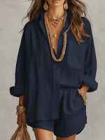 Load image into Gallery viewer, Women's Linen Short Set Button Front Long Sleeve Relaxed Two Piece Style
