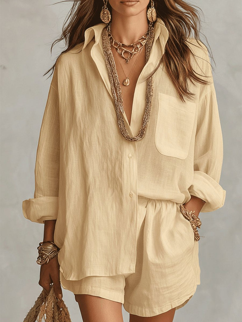 Women's Linen Short Set Button Front Long Sleeve Relaxed Two Piece Style