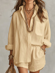 Women's Linen Short Set Button Front Long Sleeve Relaxed Two Piece Style