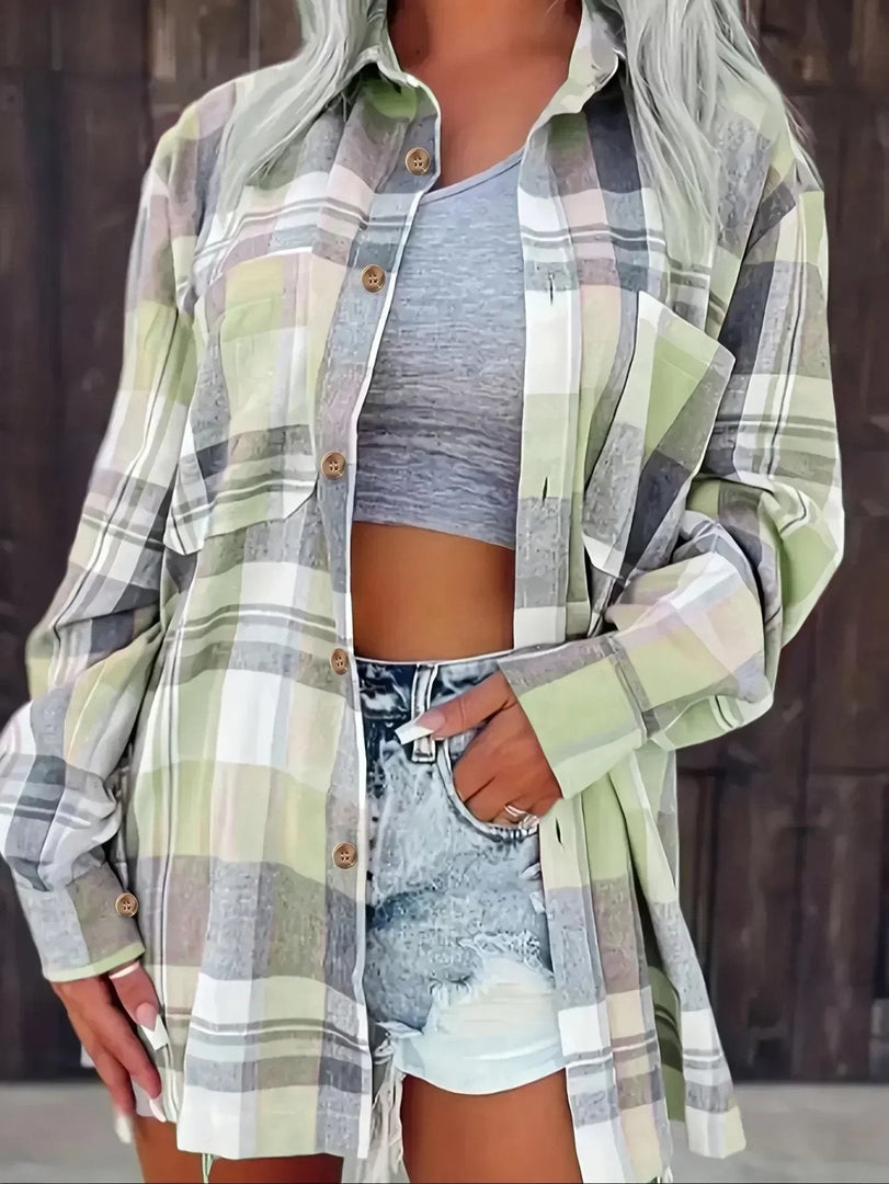 Women's Plaid Flannel Cardigan Sweater Open Front Oversized Long Sleeve Shirt