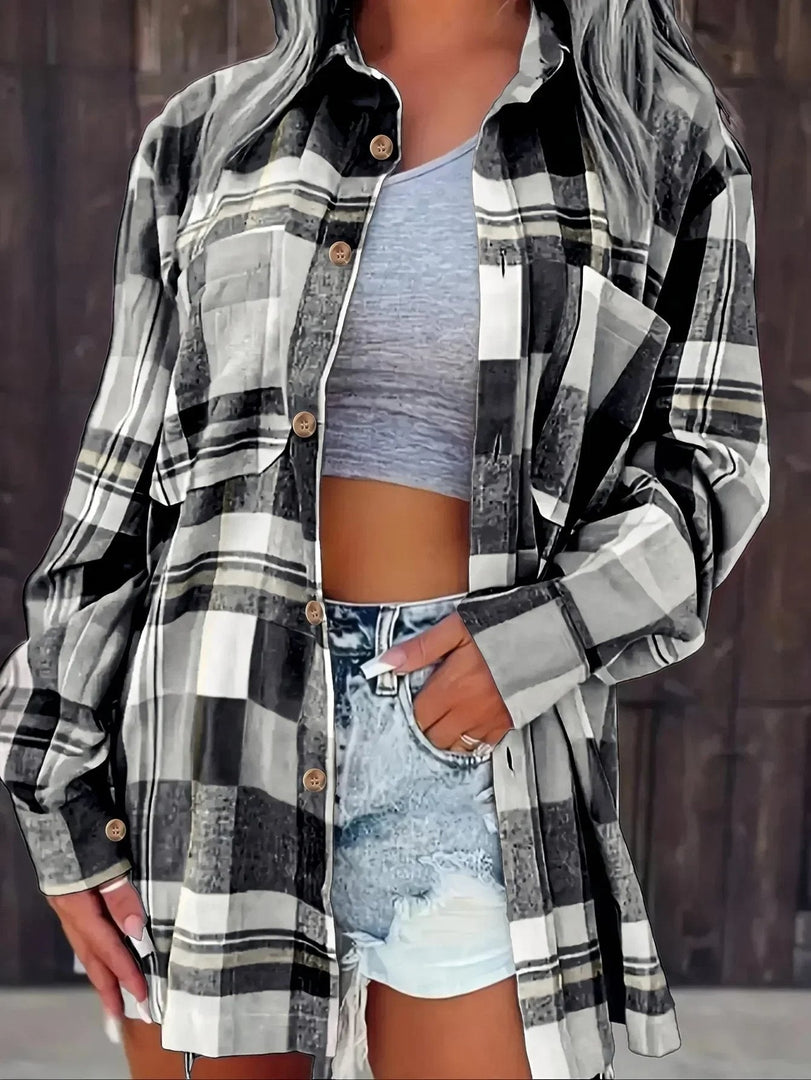 Women's Plaid Flannel Cardigan Sweater Open Front Oversized Long Sleeve Shirt