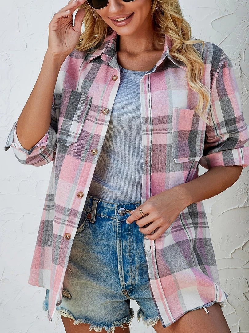 Women's Plaid Flannel Cardigan Sweater Open Front Oversized Long Sleeve Shirt