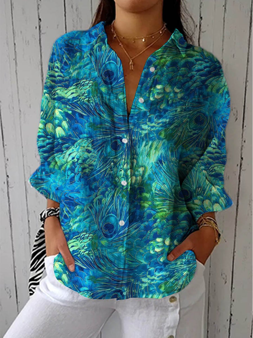 Women's Peacock Print Blouse V-Neck Long Sleeve Button Up Design