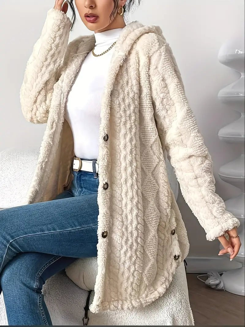 Women's Cardigan Sweater Plush Hooded Button-Front Long Style