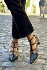 Load image into Gallery viewer, Women's Black Wedding Shoes Cage Strap Pointed Toe Kitten Heel Style

