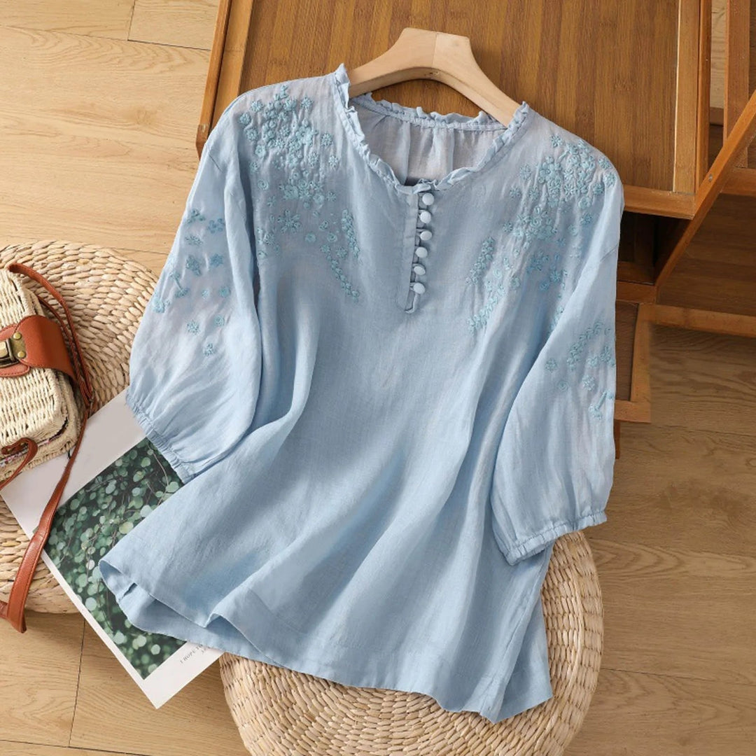 Women's Blouses Floral Embroidery Ruffle Neck Puff Sleeve