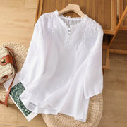 Women's Blouses Floral Embroidery Ruffle Neck Puff Sleeve