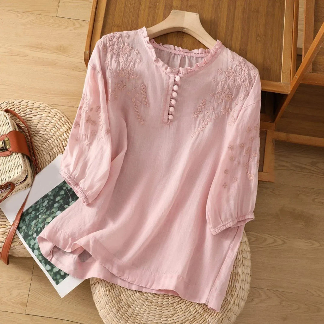 Women's Blouses Floral Embroidery Ruffle Neck Puff Sleeve