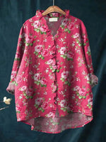 Load image into Gallery viewer, Women's Floral Blouses Ruffle Trim Linen Button-Down Relaxed Fit
