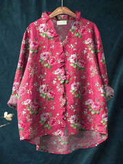Women's Floral Blouses Ruffle Trim Linen Button-Down Relaxed Fit