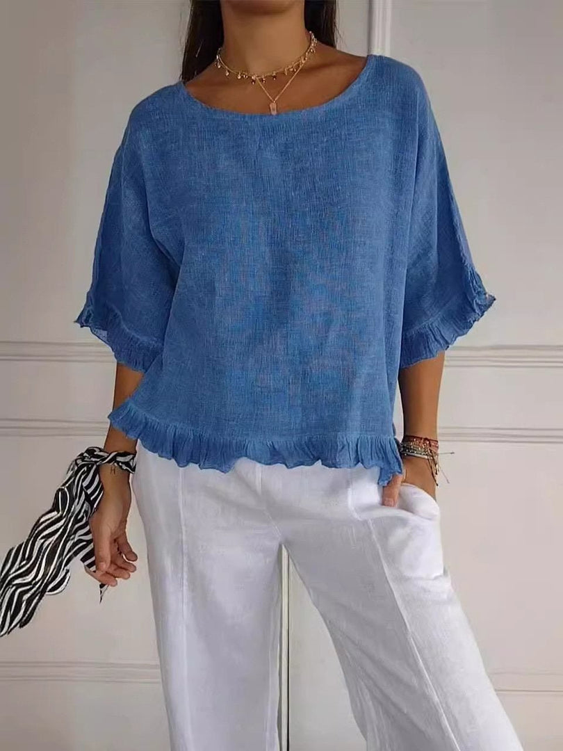 Women's Blouses Relaxed Fit Frayed Hem Linen Look Short Sleeve