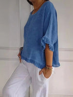 Load image into Gallery viewer, Women's Blouses Relaxed Fit Frayed Hem Linen Look Short Sleeve
