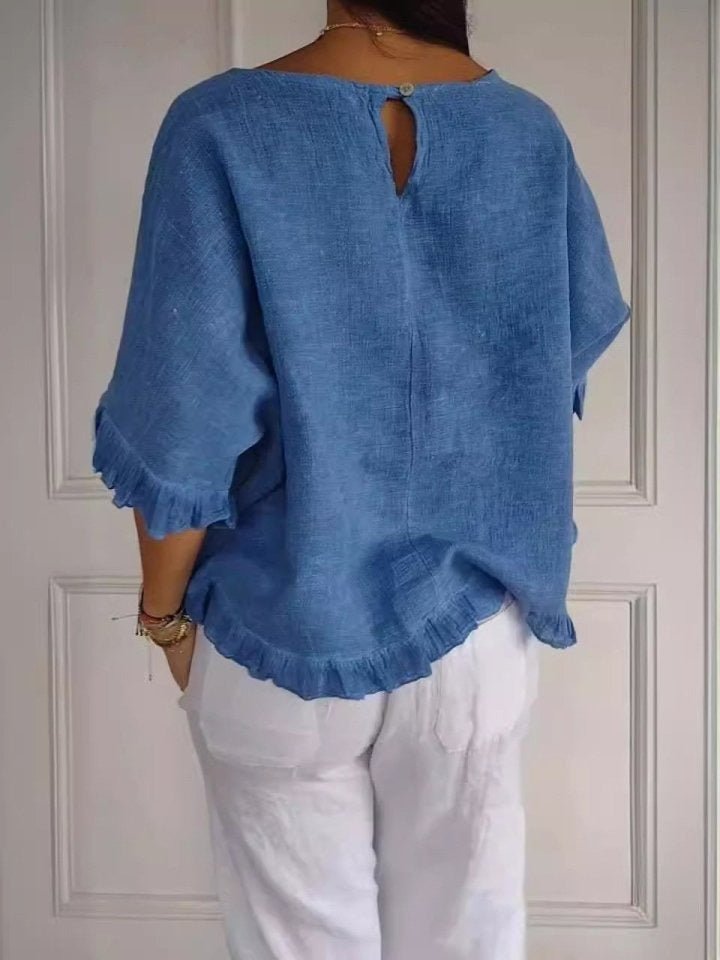 Women's Blouses Relaxed Fit Frayed Hem Linen Look Short Sleeve