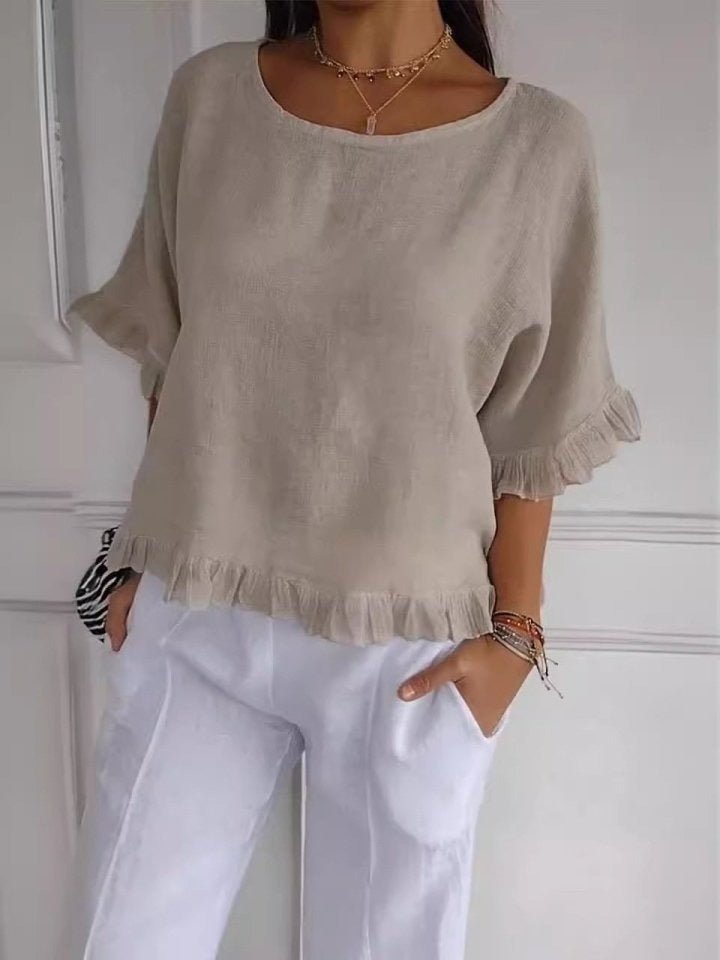 Women's Blouses Relaxed Fit Frayed Hem Linen Look Short Sleeve