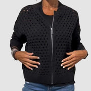 Women's Cardigan Sweater Hollow-Knit Zip-Up Relaxed Fit