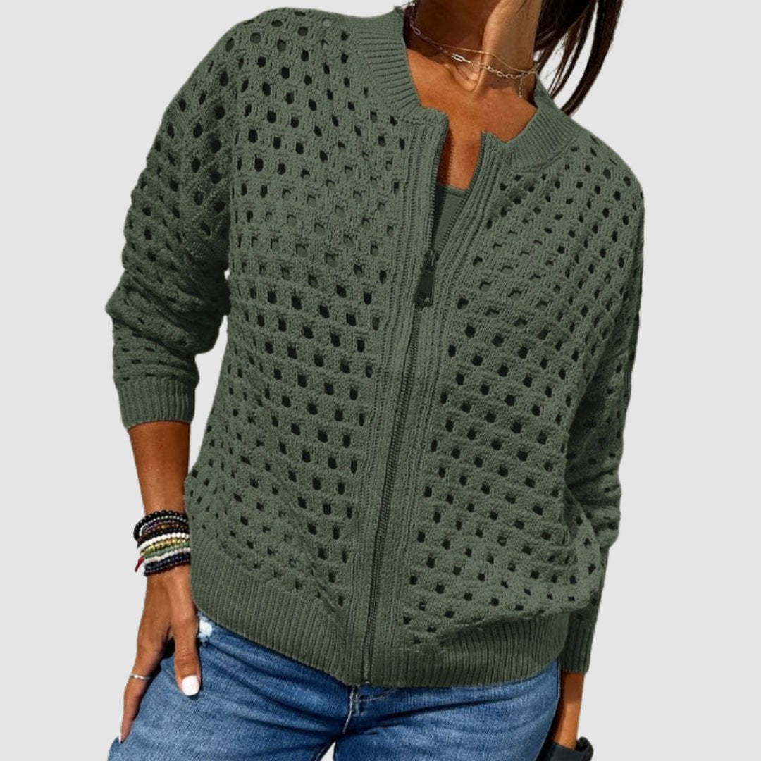 Women's Cardigan Sweater Hollow-Knit Zip-Up Relaxed Fit