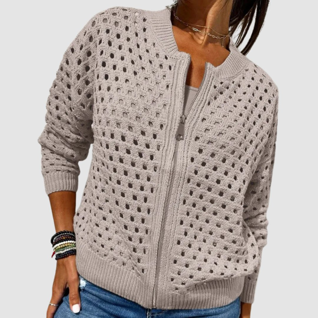 Women's Cardigan Sweater Hollow-Knit Zip-Up Relaxed Fit