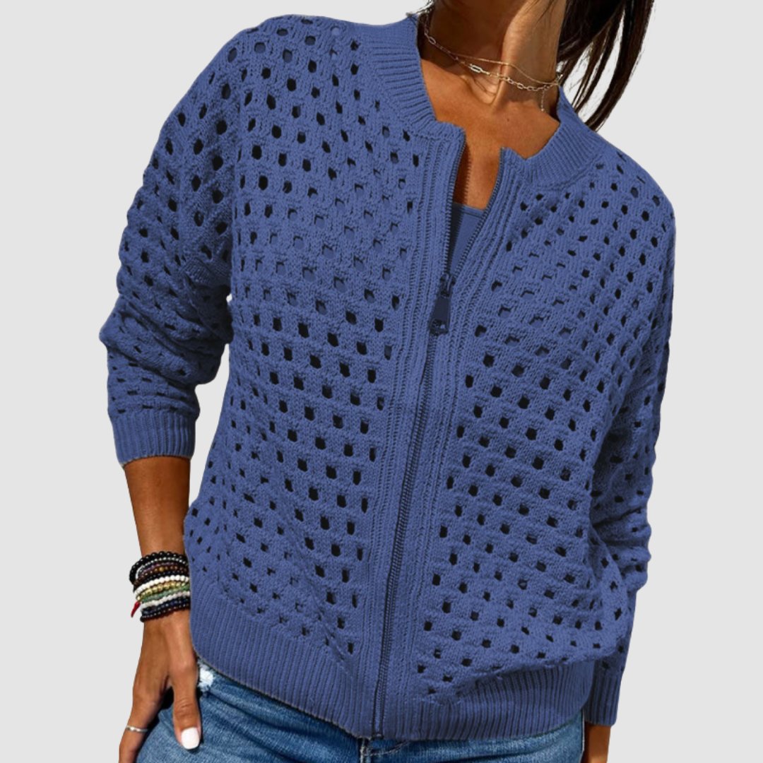 Women's Cardigan Sweater Hollow-Knit Zip-Up Relaxed Fit