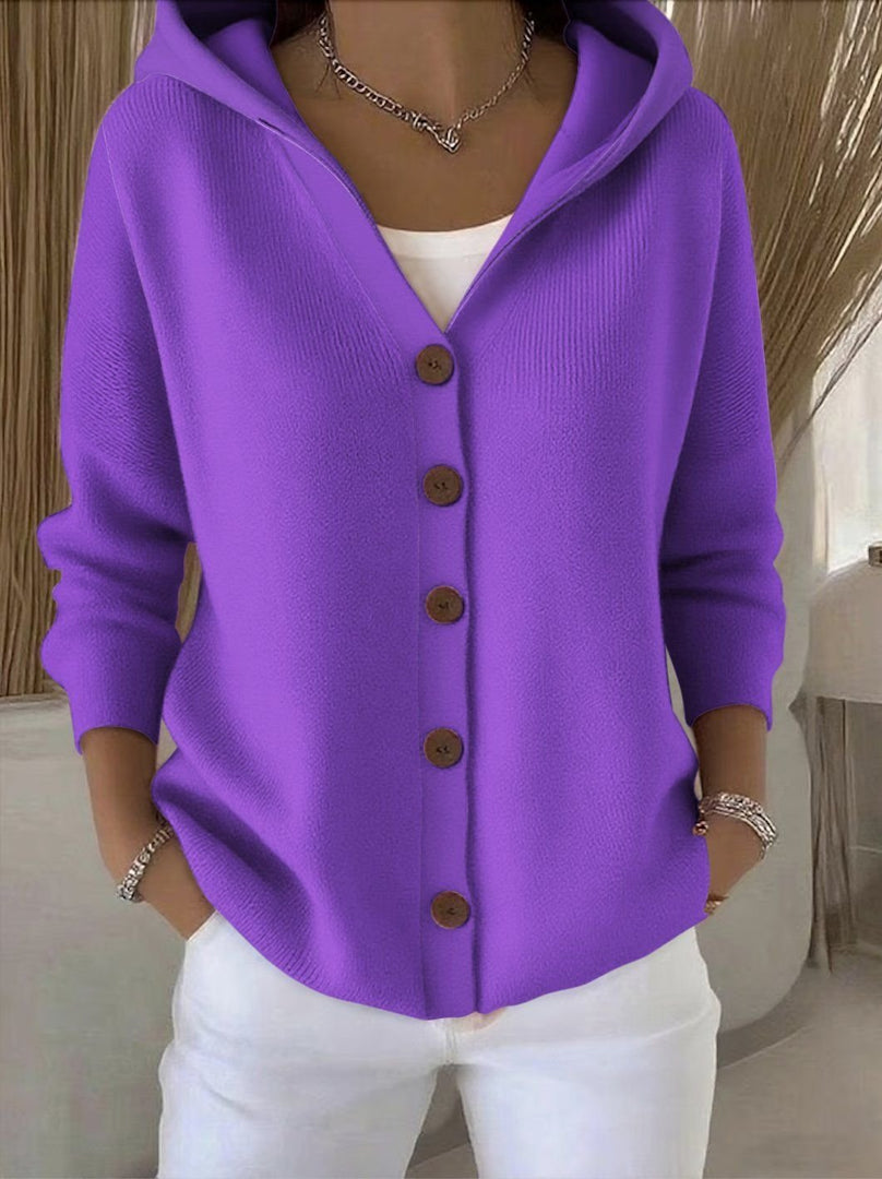 Women's Cardigan Sweater Hooded Button-Front Knit Relaxed Fit