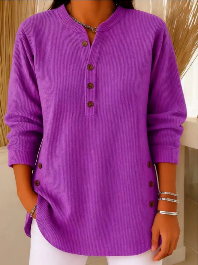 Women's Tunics Longline Ribbed Henley Relaxed Fit Curved Hem