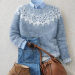 Load image into Gallery viewer, Women's Blue Sweaters Nordic Fair Isle Knit Crewneck Relaxed Fit
