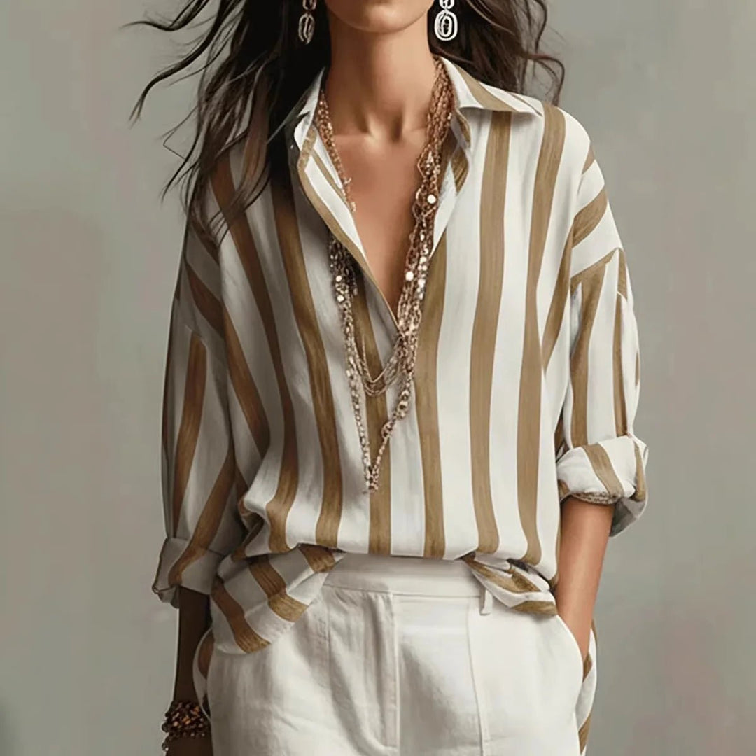 Women's Blouses Vertical Stripe Open Collar Long Sleeve Relaxed Fit