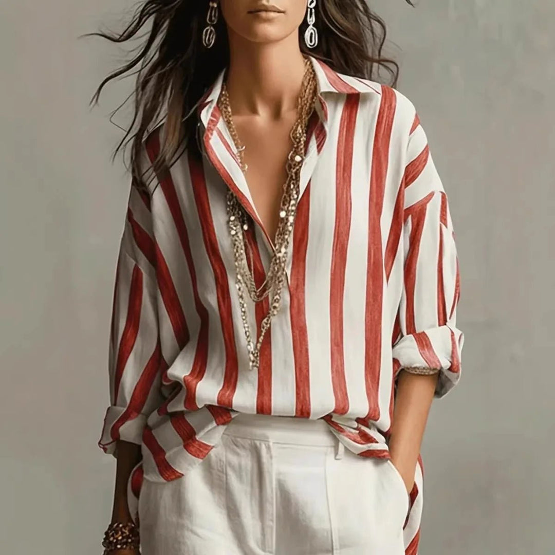 Women's Blouses Vertical Stripe Open Collar Long Sleeve Relaxed Fit