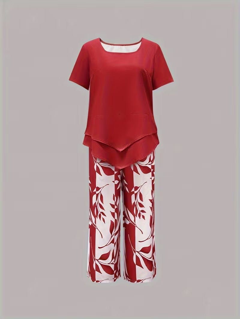 Women's Floral Wide Leg Set V Neck Short Sleeve Relaxed Two Piece Style