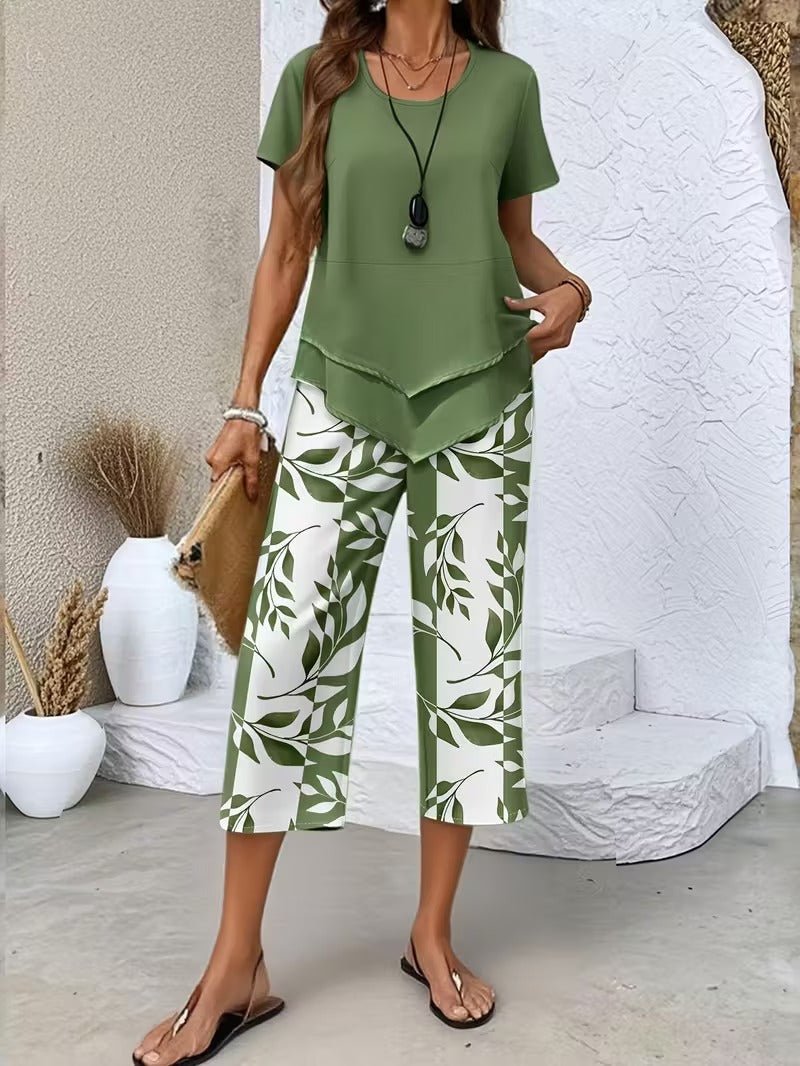 Women's Floral Wide Leg Set V Neck Short Sleeve Relaxed Two Piece Style