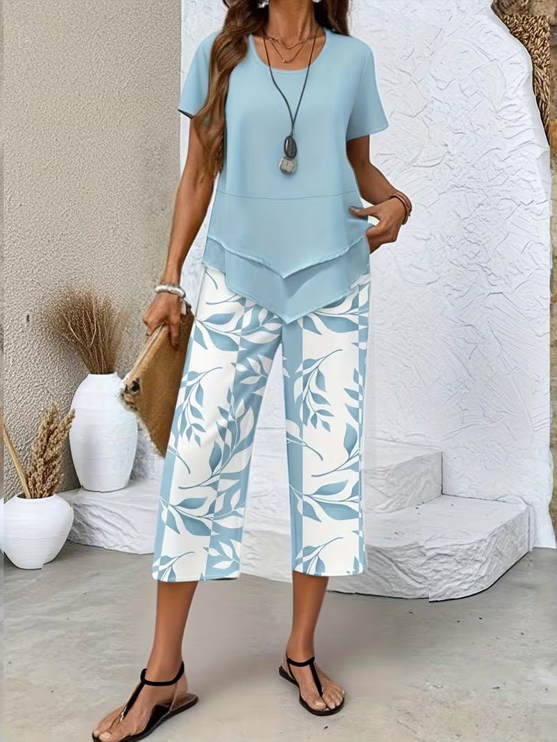 Women's Floral Wide Leg Set V Neck Short Sleeve Relaxed Two Piece Style