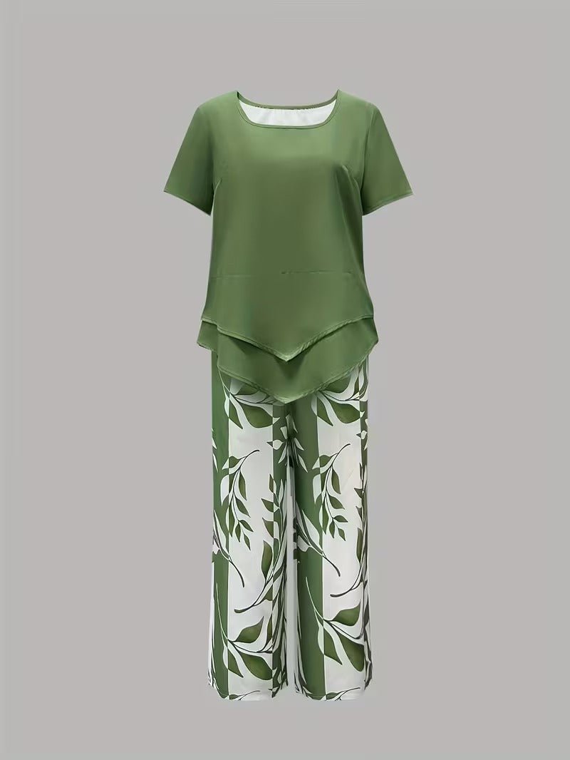 Women's Floral Wide Leg Set V Neck Short Sleeve Relaxed Two Piece Style