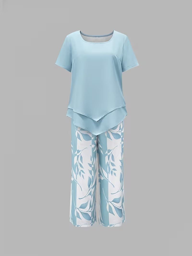 Women's Floral Wide Leg Set V Neck Short Sleeve Relaxed Two Piece Style