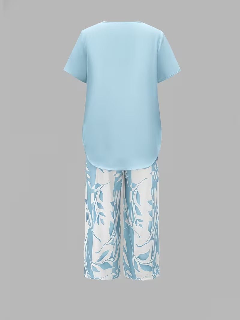 Women's Floral Wide Leg Set V Neck Short Sleeve Relaxed Two Piece Style