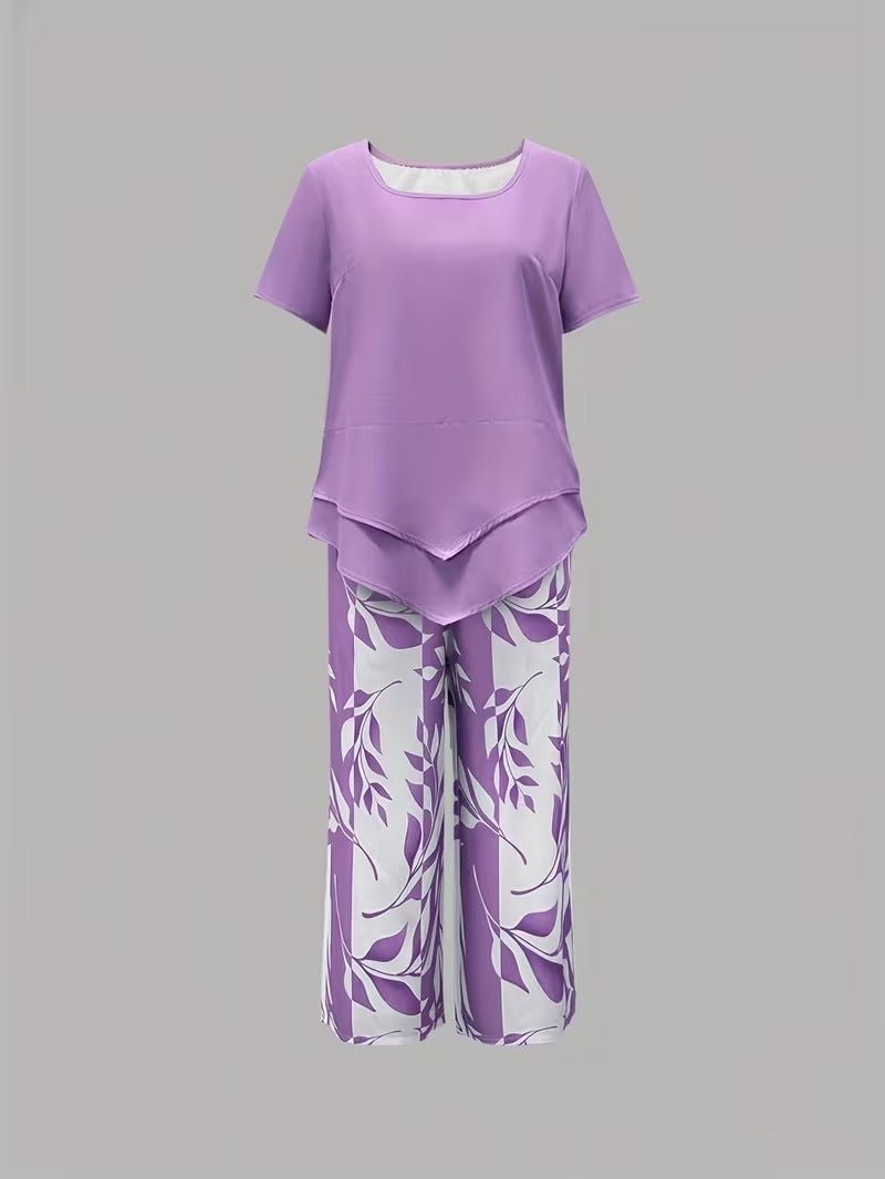 Women's Floral Wide Leg Set V Neck Short Sleeve Relaxed Two Piece Style