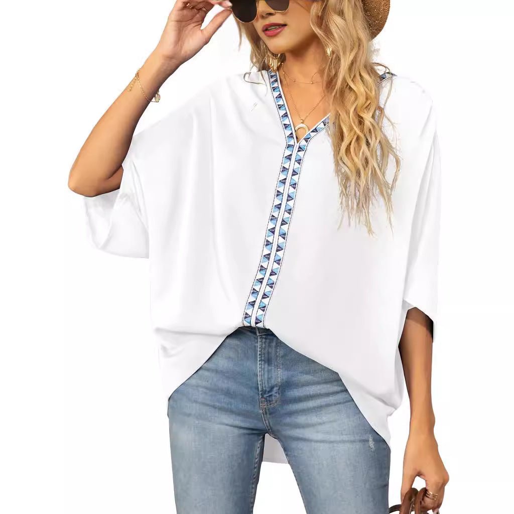 Women's Tunics V-Neck Geometric Trim Oversized Boho Style