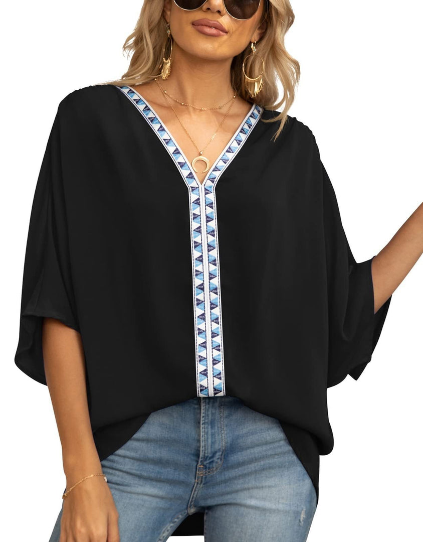 Women's Tunics V-Neck Geometric Trim Oversized Boho Style