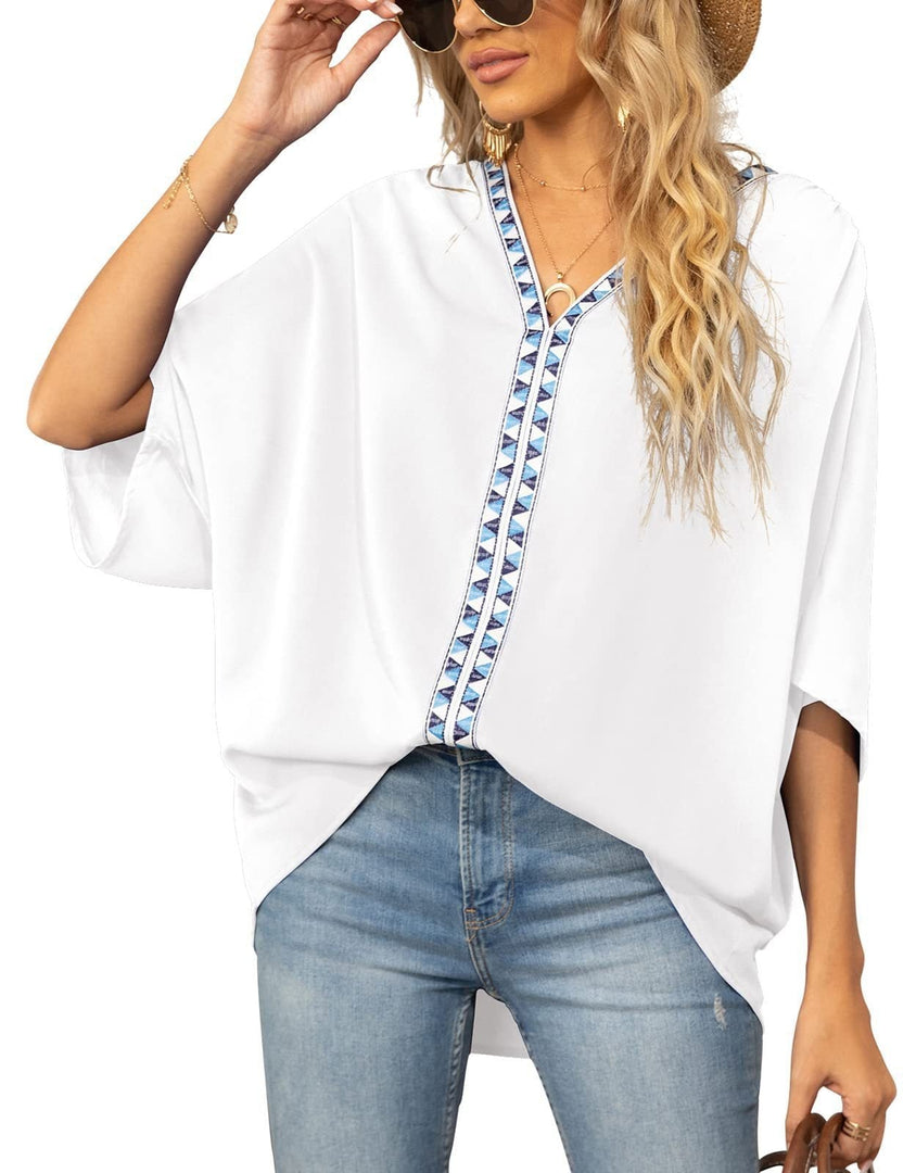 Women's Tunics V-Neck Geometric Trim Oversized Boho Style