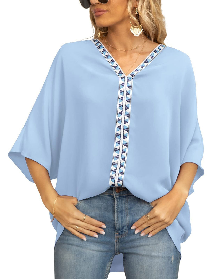 Women's Tunics V-Neck Geometric Trim Oversized Boho Style
