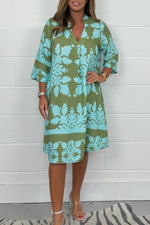 Load image into Gallery viewer, Women's Printed Dress V Neck Short Sleeve Relaxed Midi Casual Style

