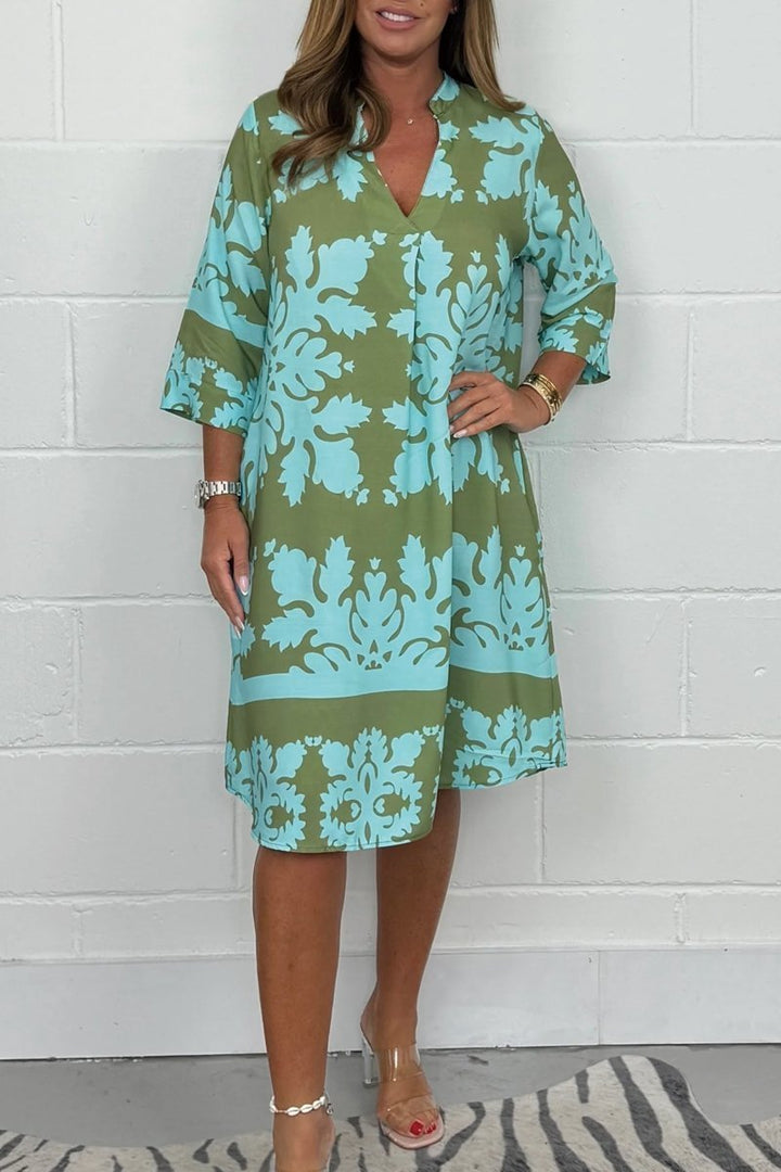 Women's Printed Dress V Neck Short Sleeve Relaxed Midi Casual Style