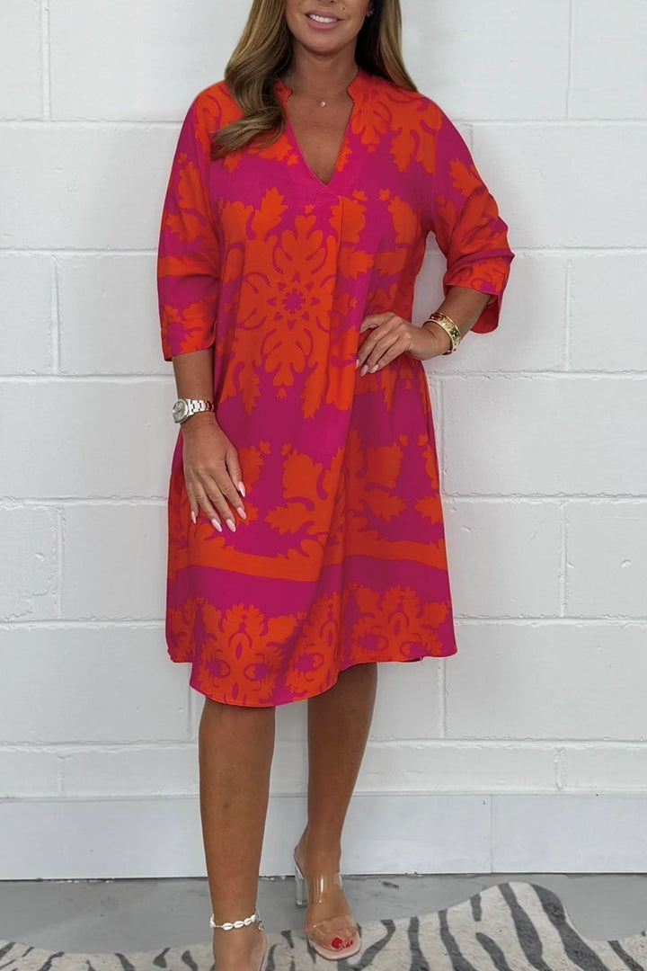 Women's Printed Dress V Neck Short Sleeve Relaxed Midi Casual Style