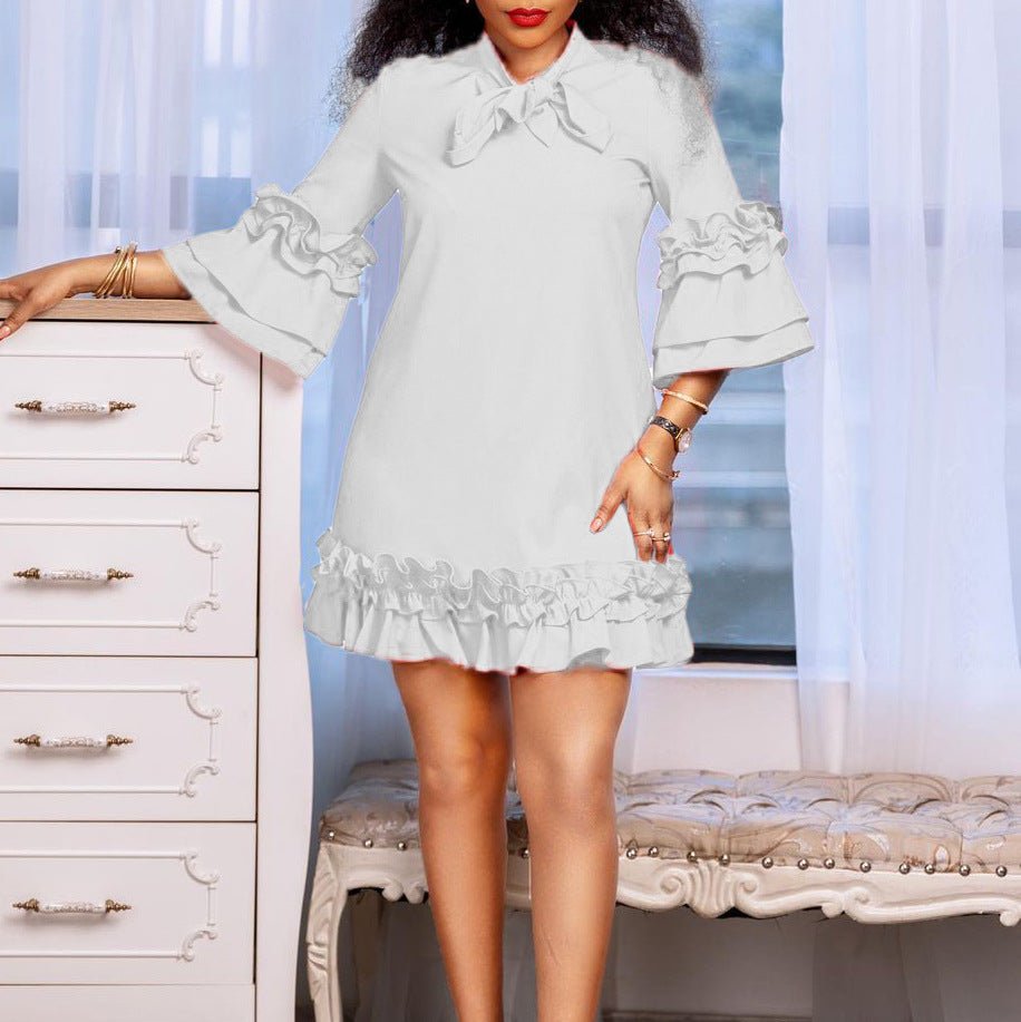Women's Mini Dress Ruffle Hem Bow Neck Tunic Style