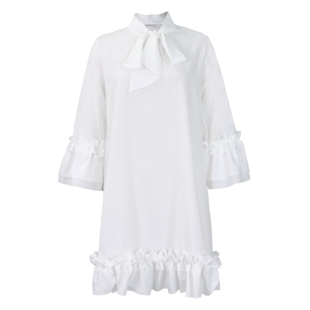 Women's Mini Dress Ruffle Hem Bow Neck Tunic Style