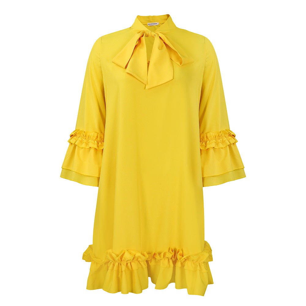 Women's Mini Dress Ruffle Hem Bow Neck Tunic Style