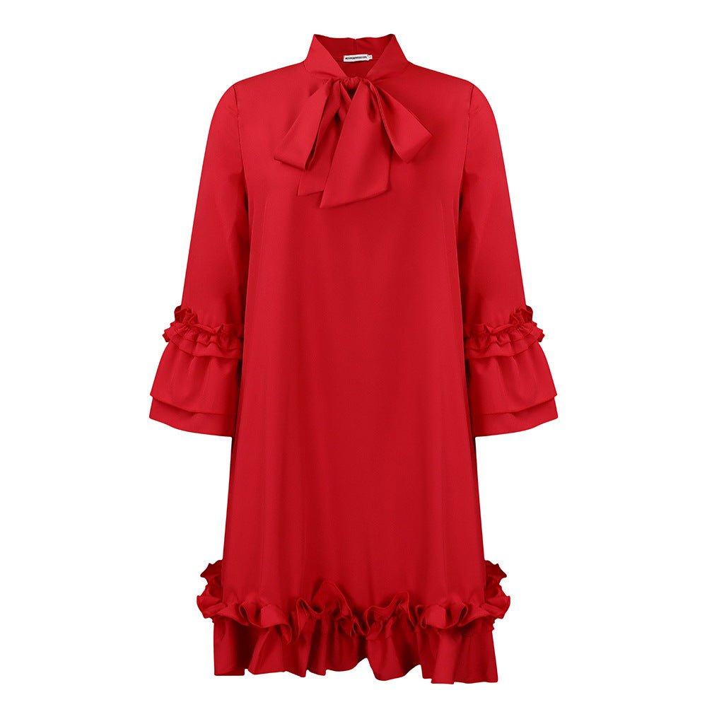 Women's Mini Dress Ruffle Hem Bow Neck Tunic Style