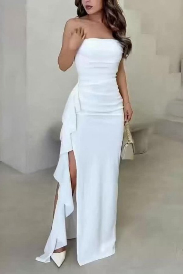 Women's White Satin Maxi Dress Strapless Ruched High Slit Formal Wedding Guest Style